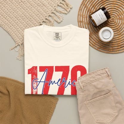 Comfort Colors® 1776 America It's All About Freedom Shirt, American Independence Shirt, 1776-2026, July 4th Tee, Betsy Ross Vintage Flag