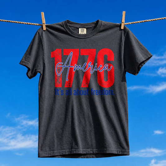 Comfort Colors® 1776 America It's All About Freedom Shirt, American Independence Shirt, 1776-2026, July 4th Tee, Betsy Ross Vintage Flag