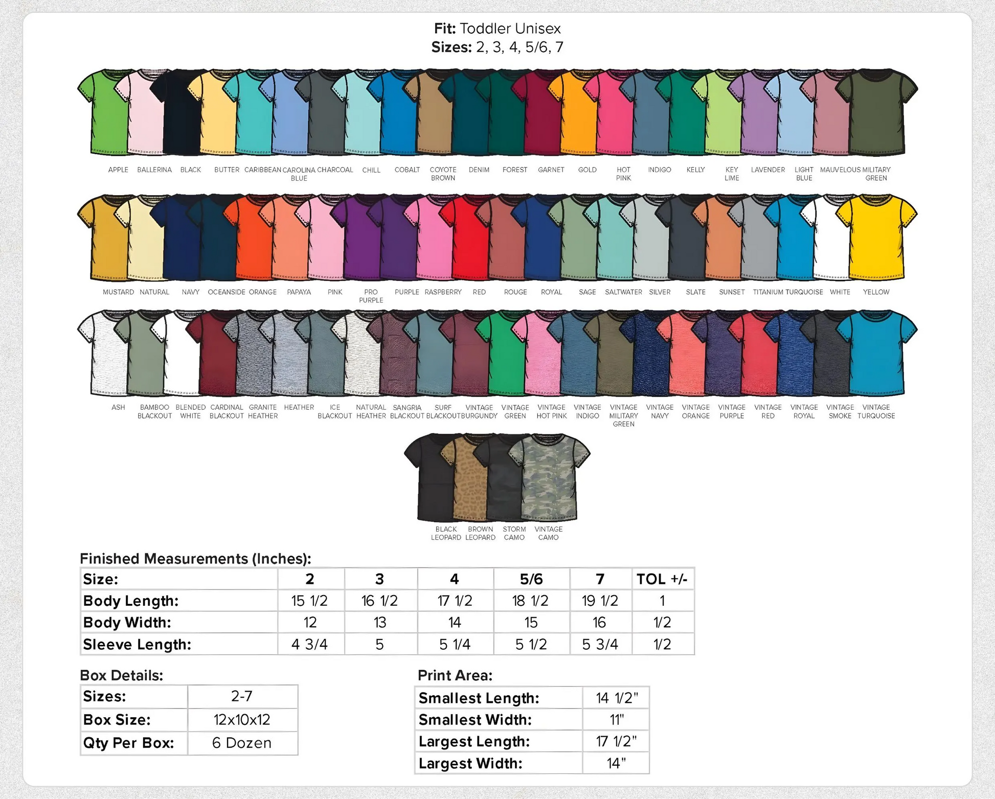 Color chart for toddler unisex shirts with size chart below