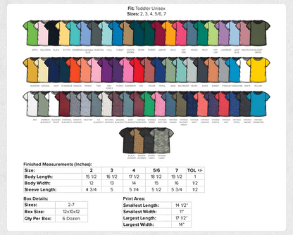 Color chart for toddler unisex shirts with size chart below
